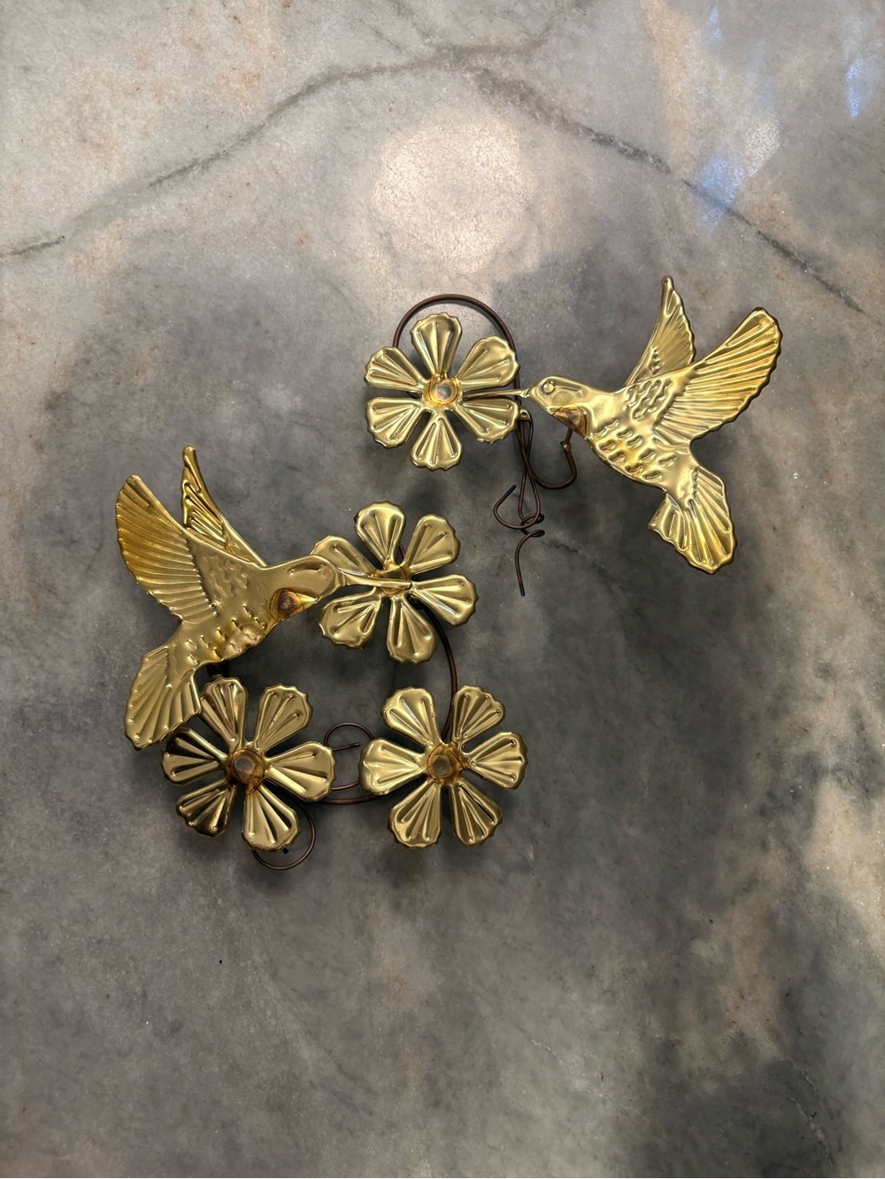 MCM Brass Hummingbird & Flowers Set Wall Hanging Decor Metal Birds